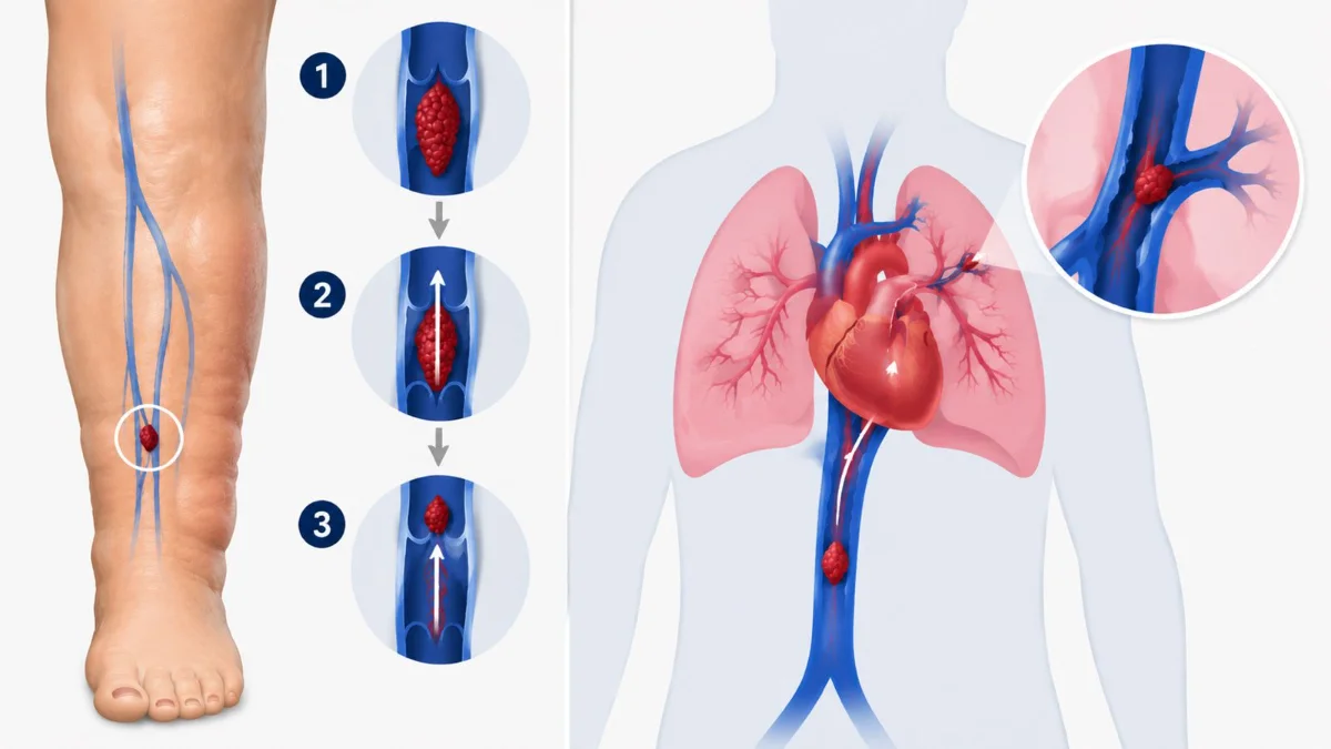 Medical diagram: a clot forming in a deep vein of the lower leg, breaking loose, and travelling to the lungs