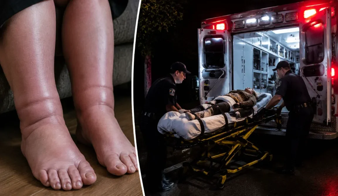 Swollen ankles and feet; paramedics loading a patient into an ambulance at night